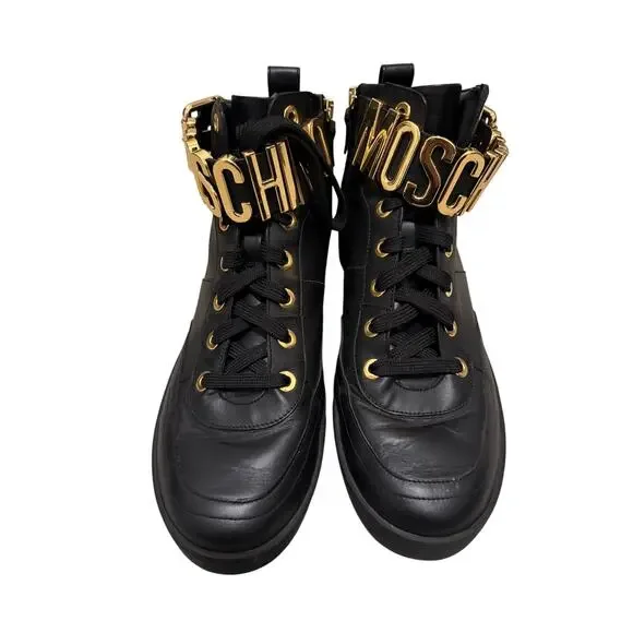 Moschino Black Leather High Top Boots Gold Logo Chain Lace Up Sneakers Love Moschino Women main image 3